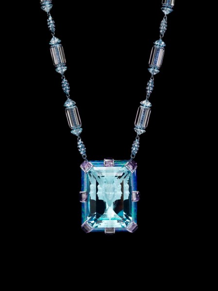 The "Now and Always" necklace featuring a signature 35.4ct Wallace Cut aquamarine with the image of Horae the Greek Goddess of nature, with amethysts, diamonds, blue topaz, sapphires and opals.